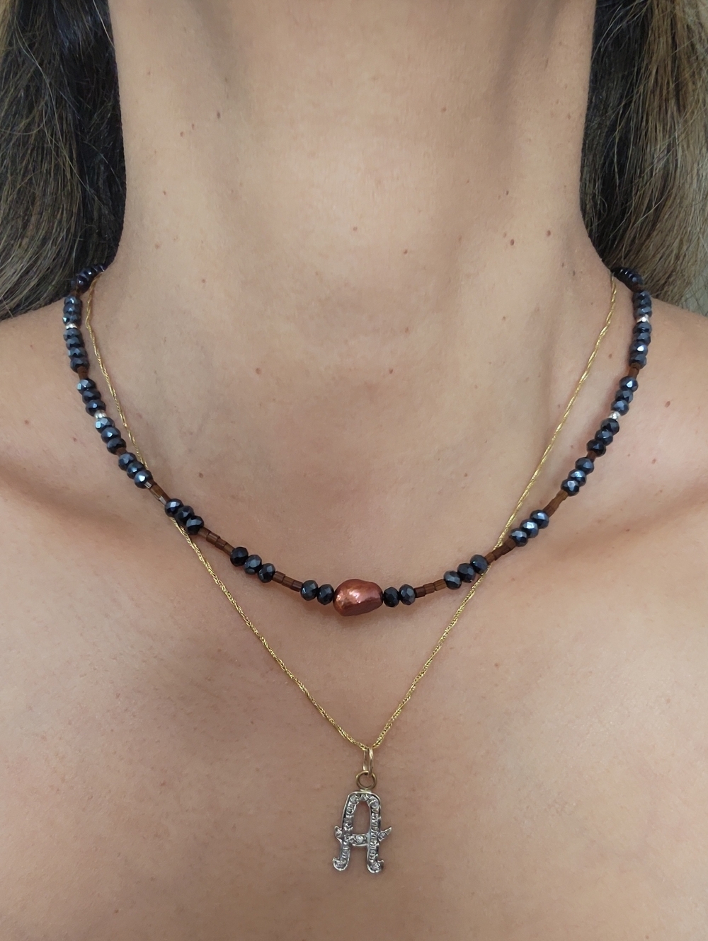 Beaded Pearl Layered Necklace in Black and Copper